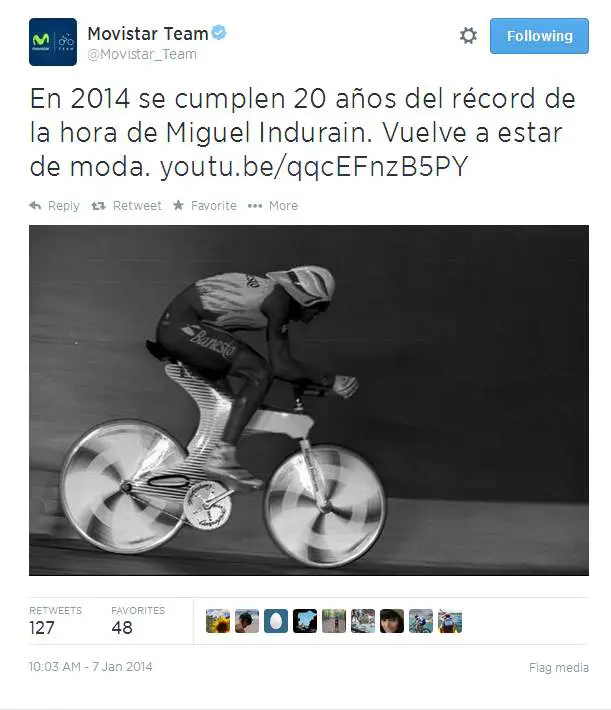 Movistar tweet about Miguel Indurain's Hour Record