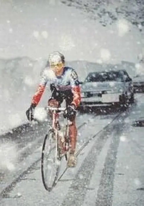 Giro d'Italia History rated by a panel of 100 journalists: Andy Hampsten climbing Passo di Gavia, Giro 1988