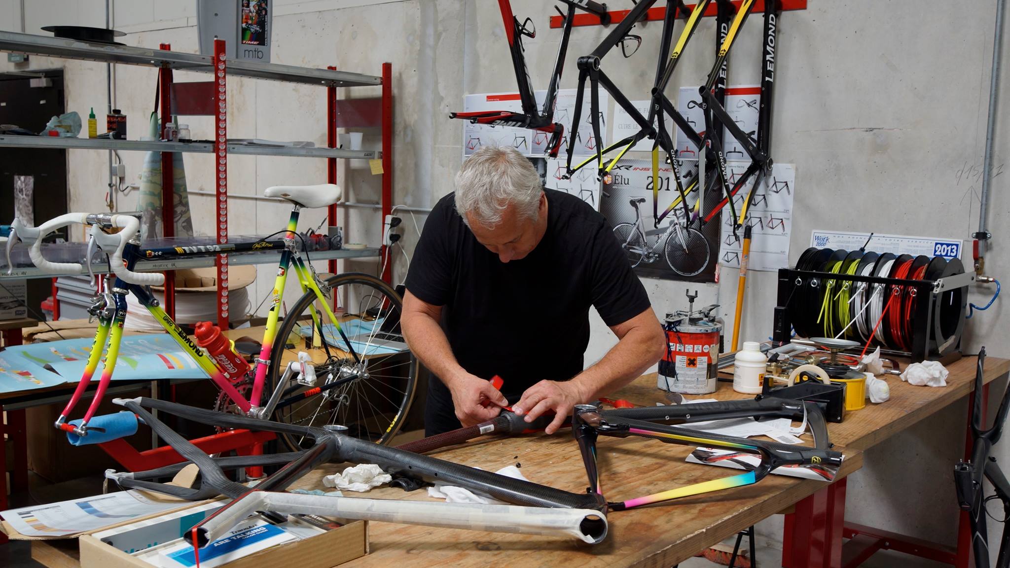 Greg LeMond working on the frame