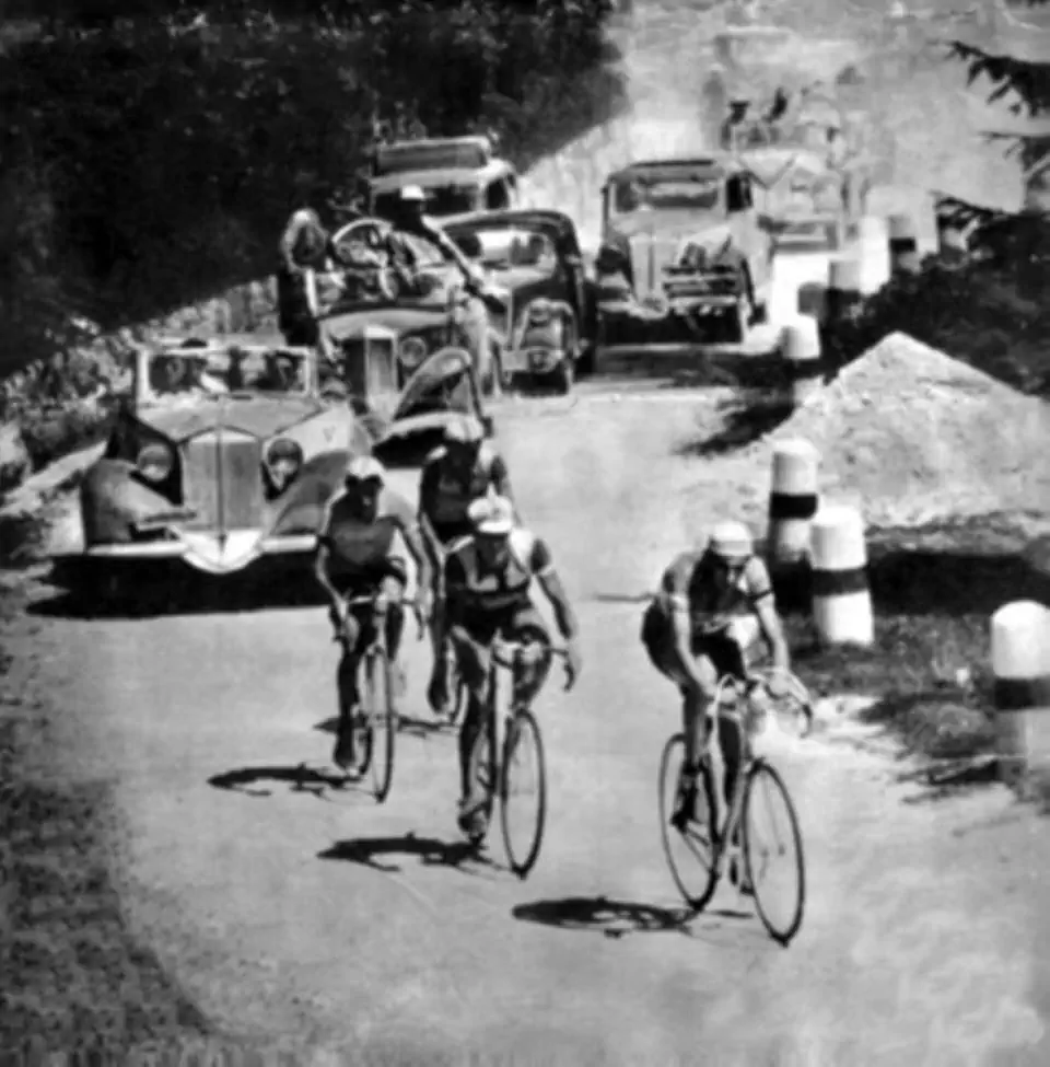 Fausto Coppi, Vito Ortelli, and Gino Bartali during a climb during the 1946 Giro