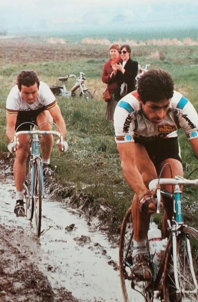 Francesco Moser and Bernard Hinault during Paris-Roubaix 1981