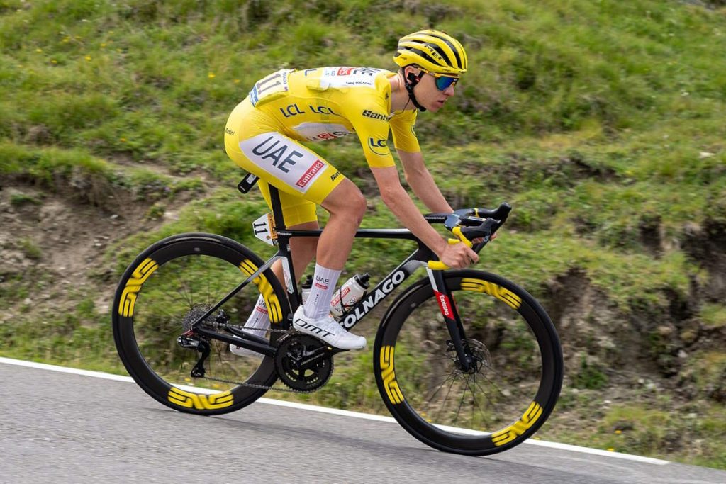 Tadej Pogacar wearing the yellow jersey in the descent of Tourmalet pass during stage 14 of the Tour de France