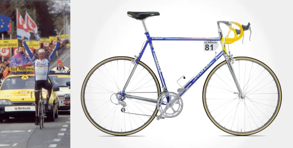 Alt text:
Edwig van Hooydonck winning the 1991 Tour of Flanders alongside his Colnago Master Più race bike.